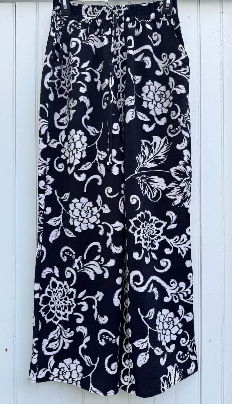 Soft Surroundings Black and White Floral Drawstring Wide Leg Pants